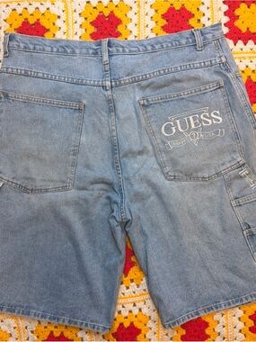 Vintage 90s  GUESS JEANS Carpenter Utility Distressed Blue Denim Shorts Size 40